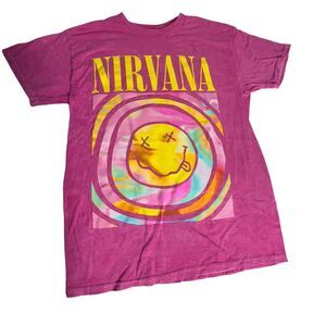 Nirvana Hot Pink Smiley Face Graphic Band Tee, Unisex Size Medium Pre-owned Flaw